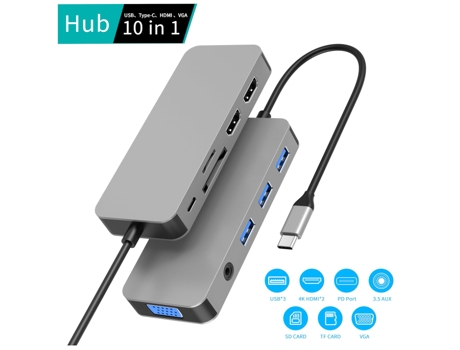 Adaptador de monitores de pantalla triple 10 en 1 4K HDMI dual, VGA 1080P, 3 USB3.0/2.0, TF/SD 2.0, audio de 3,5 mm, PD de 100 W, compatible con CH...