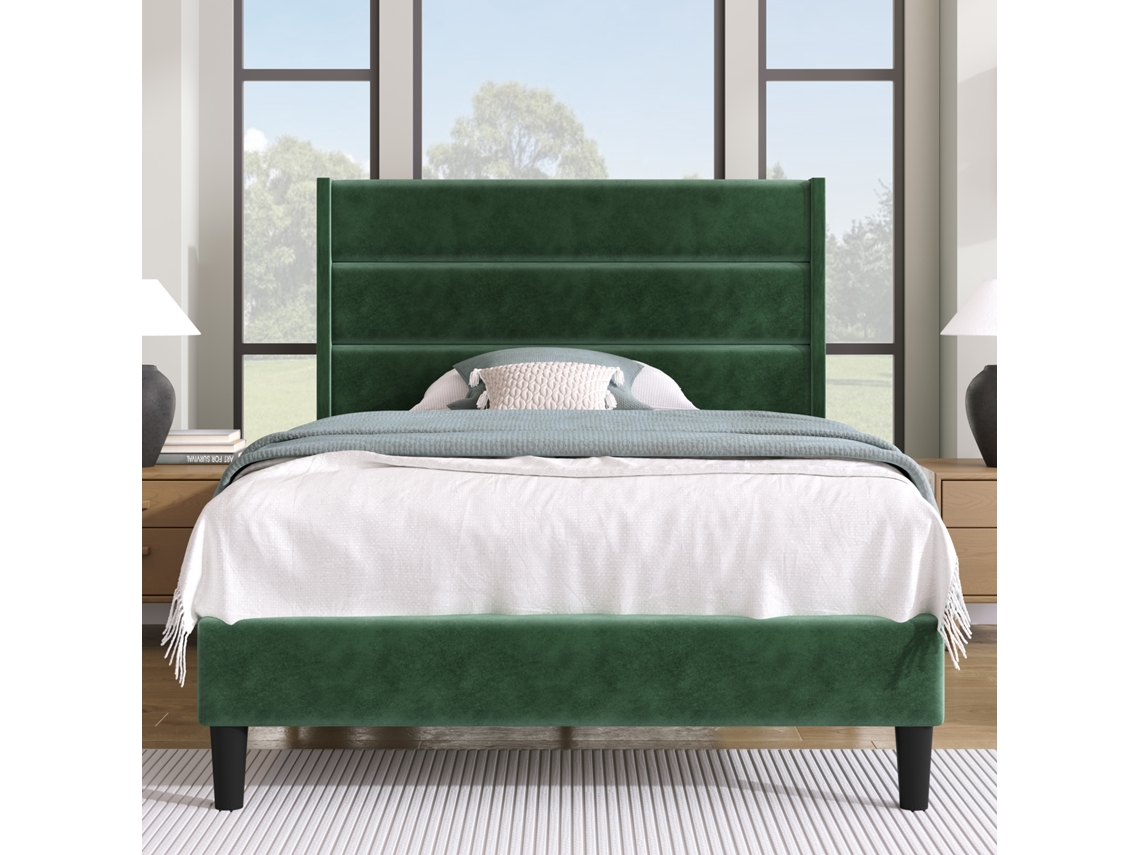 Cama tapizada en terciopelo 90x200 cm, estilo contemporáneo, color verde