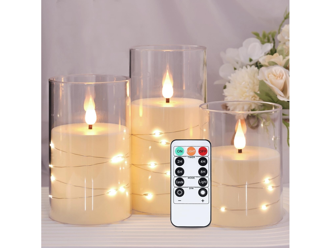Juego 3 Velas Led Con Temporizador Remoto, Luz Integrada, Plexiglás, Sin Llama – Marfil