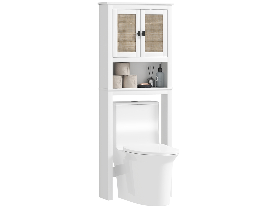 Armário Sobre Vaso Rattan 2 Portas Prateleira Ajustável Branco 60x19x160