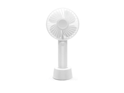 Ventilador portátil de mano Danu, blanco, USB, 3 velocidades, batería de 1200 mAh, base desmontable, ligero para viajes y hogar.