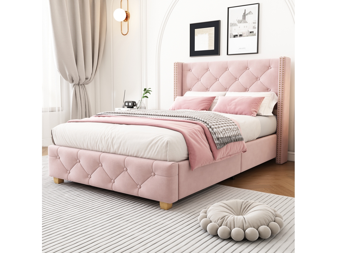 Cama Tapizada 90x200cm Con Base De Listones Y Cabecero, Tapicería De Botones, Tapicería De Remaches, Patas De Madera, Terciopelo, Rosa