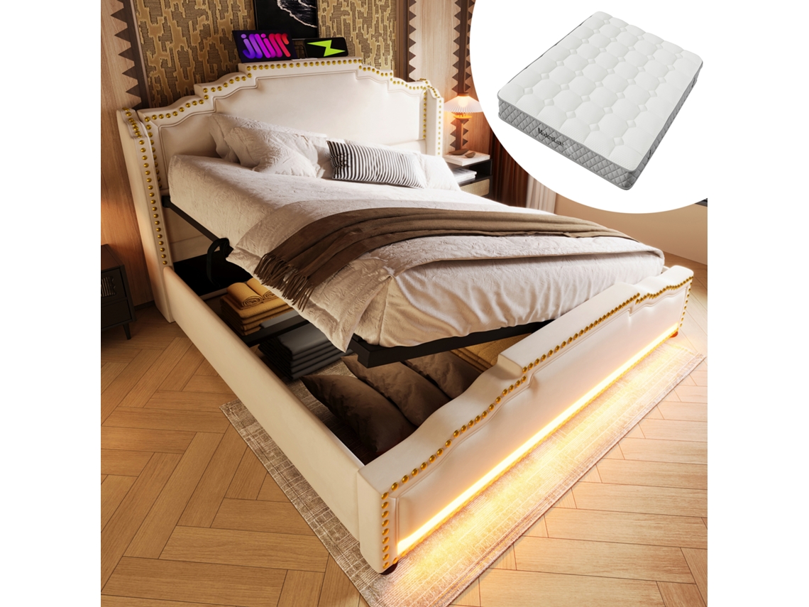 Cama Polsterbett 140x200 - Con Almacenamiento Hidráulico, Led Y Usb-c - Beige