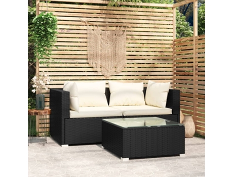 Conjunto 3 de muebles de jardín VIDAXL y cojines ratán sintético negro