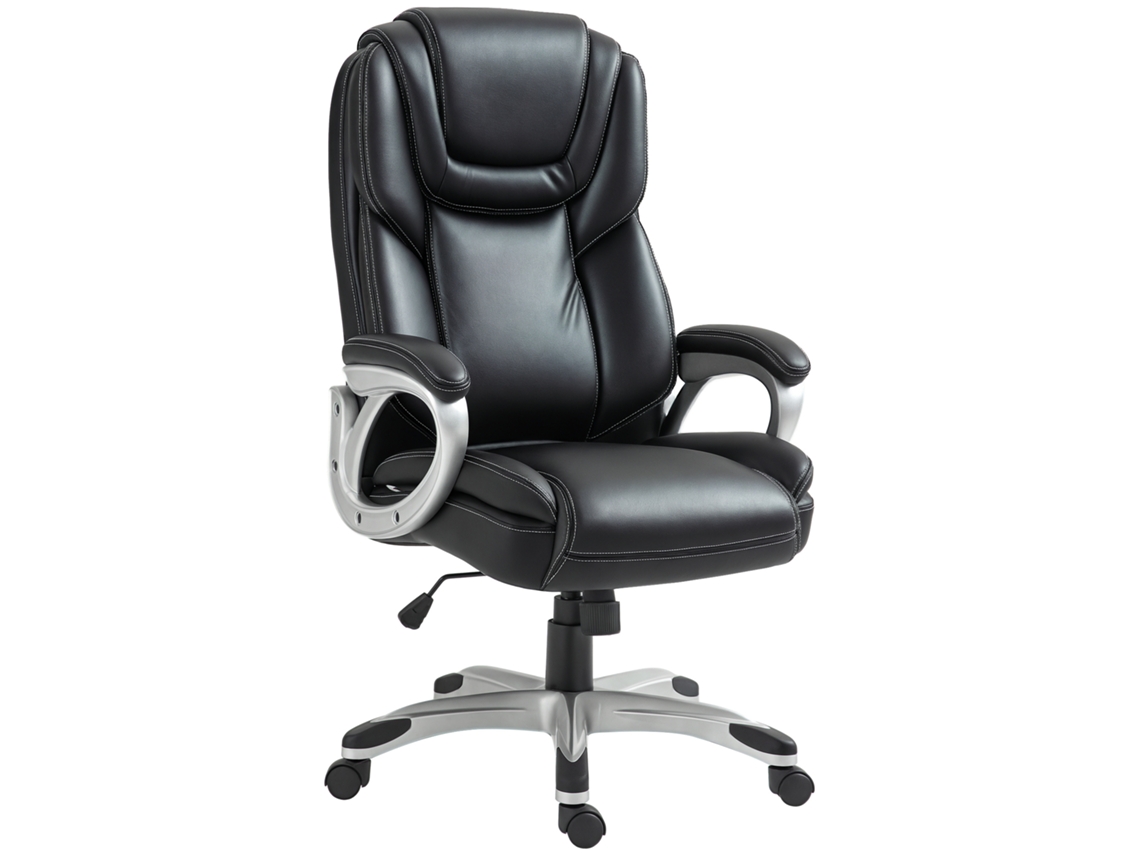 Silla de oficina negra con función de balanceo y ruedas giratorias de 360°.