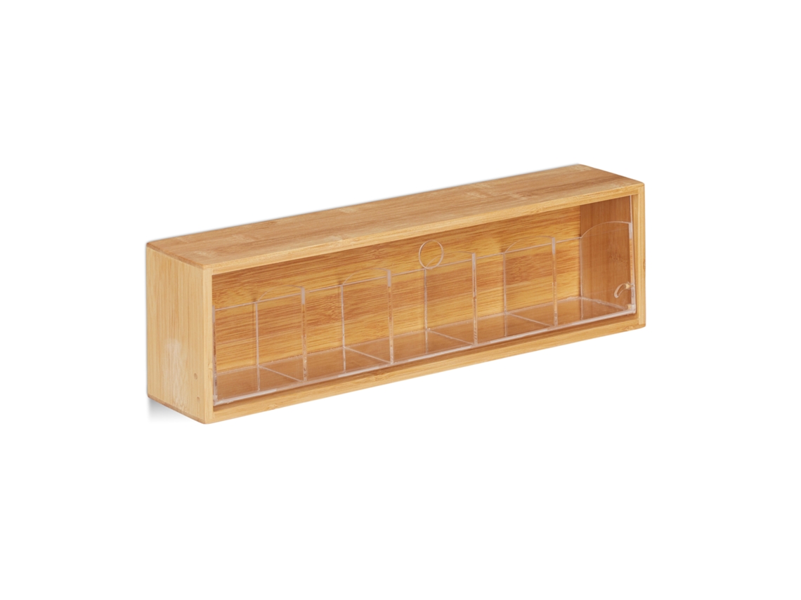 Relaxdays Caja Para Tés De Bambú, Cinco Compartimentos, Para 50 Bolsitas, Tapa Abatible, 11,5x39x8cm, 1 Ud., Marrón