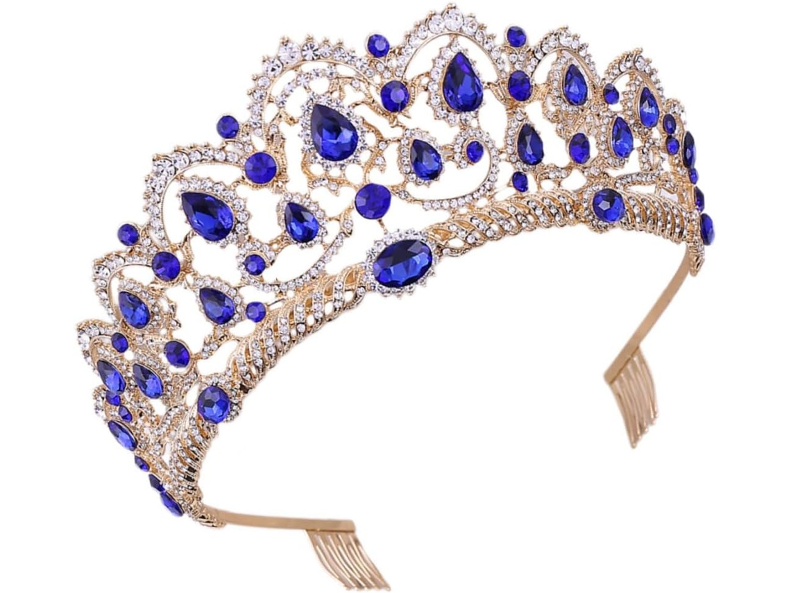 Corona Nupcial Barroca Nuobesty, Dorada Con Diamantes De Imitación Azules, Elegante Diadema De Boda Con Peinetas Integradas.