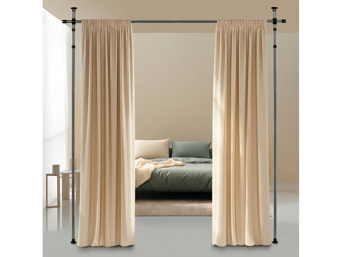 Todeco Divisor De Ambientes, Barra De Cortina, Separador De Habitación Sin Taladrar, 122-305 Cm De Alto, 70-175 Cm De Ancho, Gris