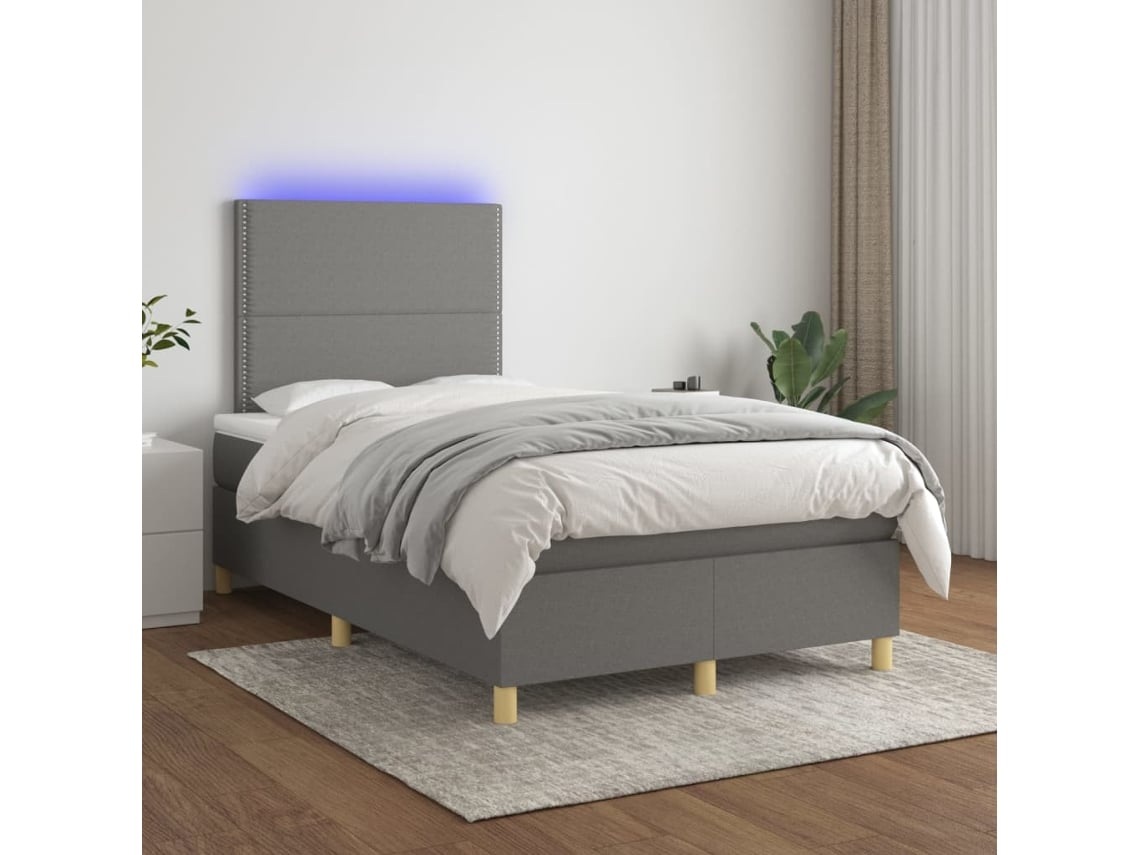 Cama Box Spring Con Colchón Y Led Tela Gris Oscuro 120x200 Cm