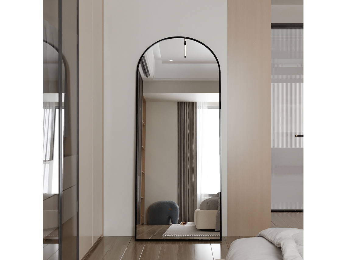 Espejo Arqueado Grande De Cuerpo Entero 180x80 Cm, Espejo De Pie Y De Pared Para Maquillaje En Vidrio Templado Y Marco De Aluminio, Negro