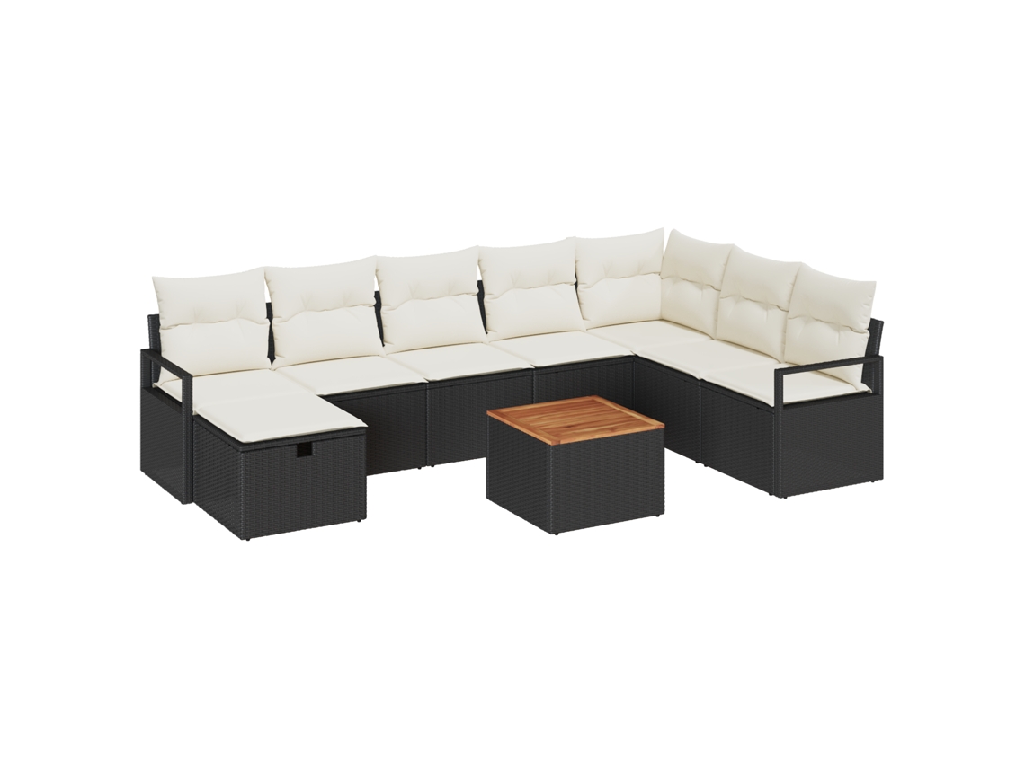 Conjunto 9 De Sofá De Jardín Con Cojines Negro Y Crema Ratán Poliéster Vidaxl Negro Ratán