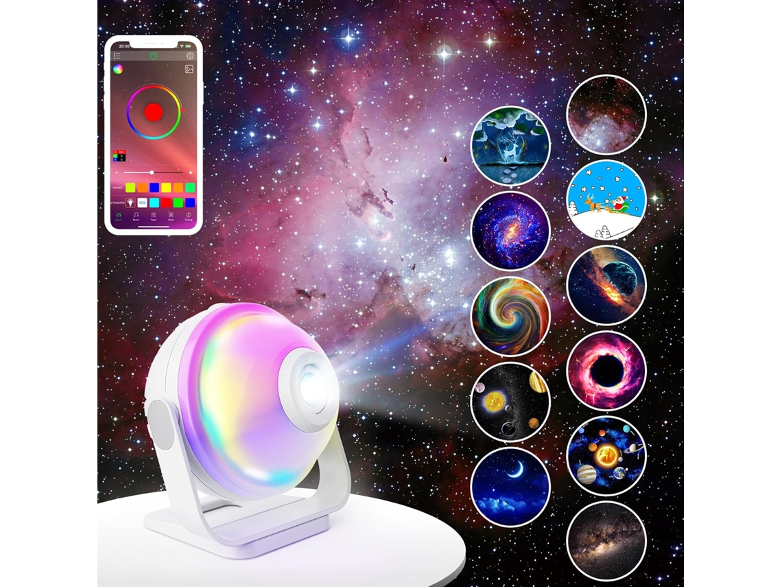 Proyector de galaxia inteligente, lámpara de noche para dormitorio, 256 modos, luz nocturna para niños, observa las estrellas y la luna (Chronus White)