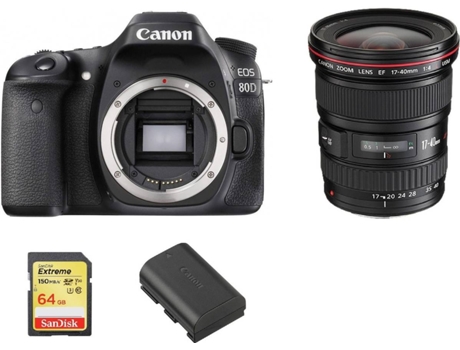 Cámara Reflex CANON EOS 80D + Objectivo EF 17-40MM F4L USM + Tarjeta SD 64GB + Batería LP-E6N (APS-C)
