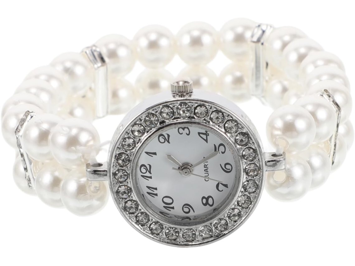 Reloj Pulsera Perlas Doble Mujer Correa Elástica Adorno Brillante Accesorio Fiestas Cómodo Tamaño Muñeca