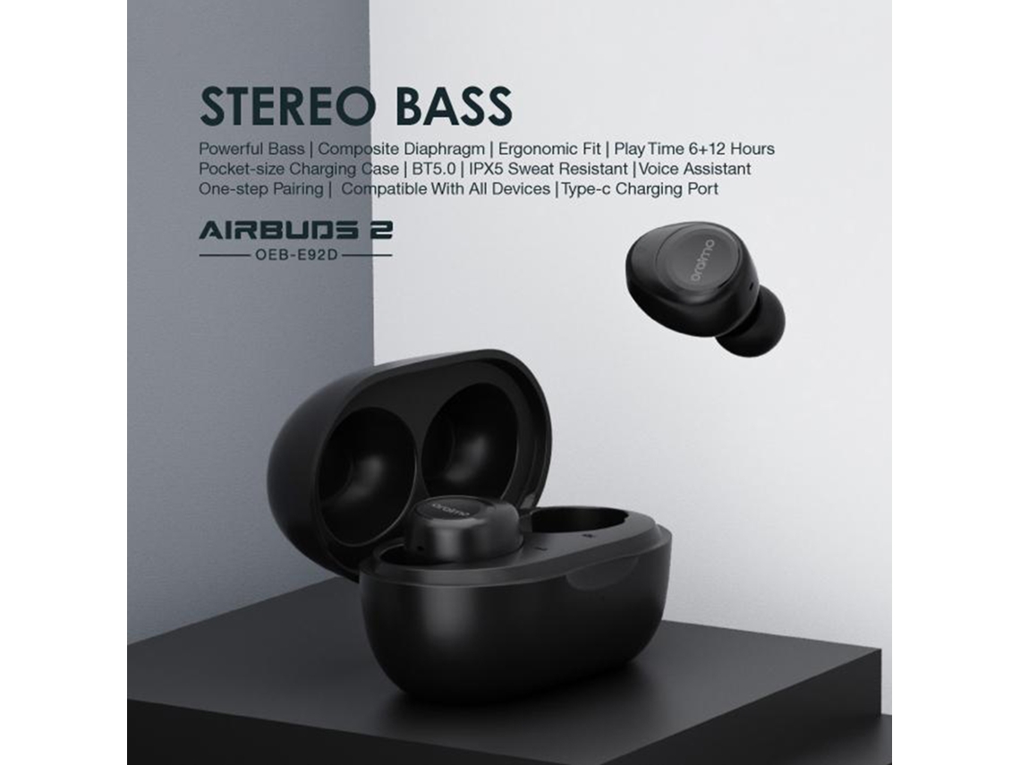 Oraimo Airbuds 2 Fones De Ouvido Sem Fio Bt 5.0 Com Estojo De Carregamento 400mah Bass Estéreo