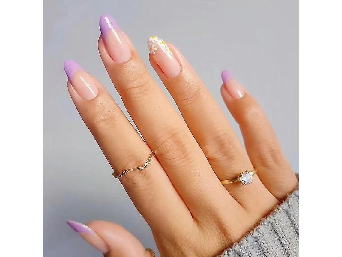 Consejos Para Uñas Postizas Florales Largas Y Removibles En Morado Claro Y Blanco Para Manicura Casera.