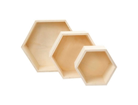 3 estantes de madera, hexagonales