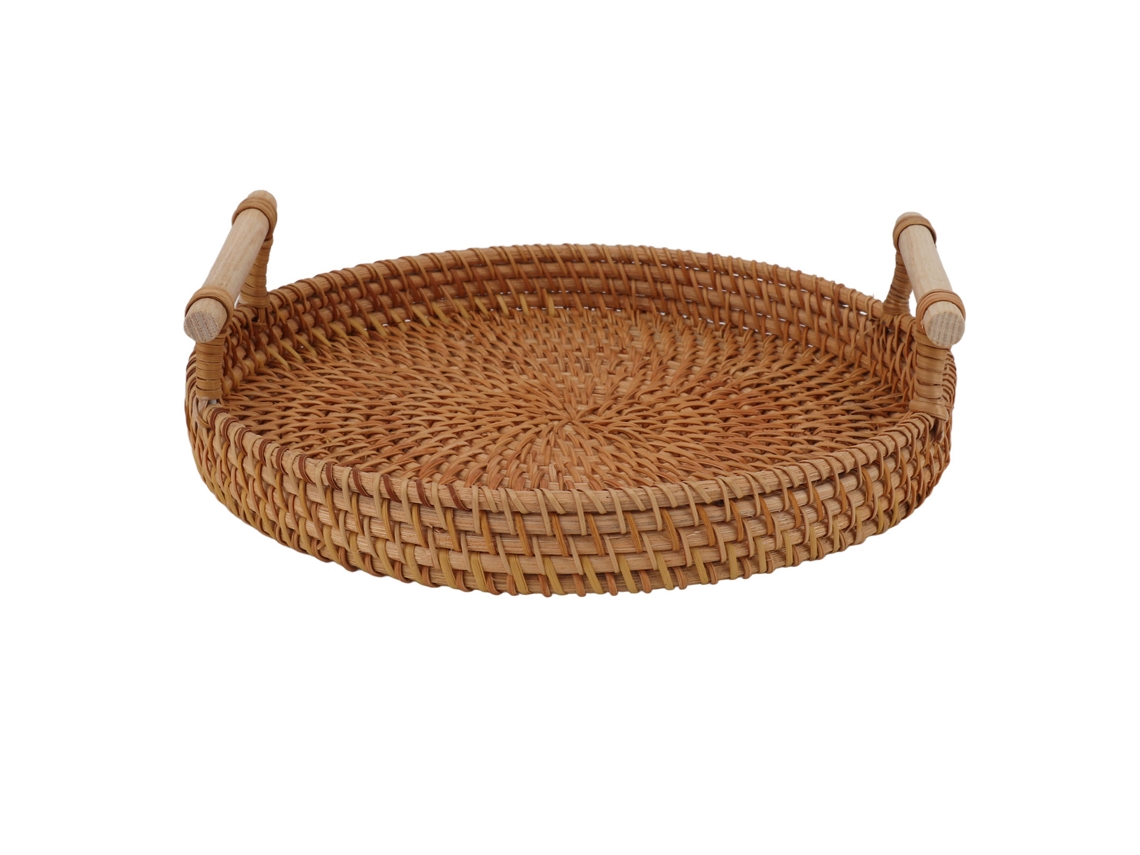 Bandeja Redonda De Mimbre Hecha A Mano Para Frutas, Con Asas De Madera Maciza, Ideal Para Servir Y Decorar.
