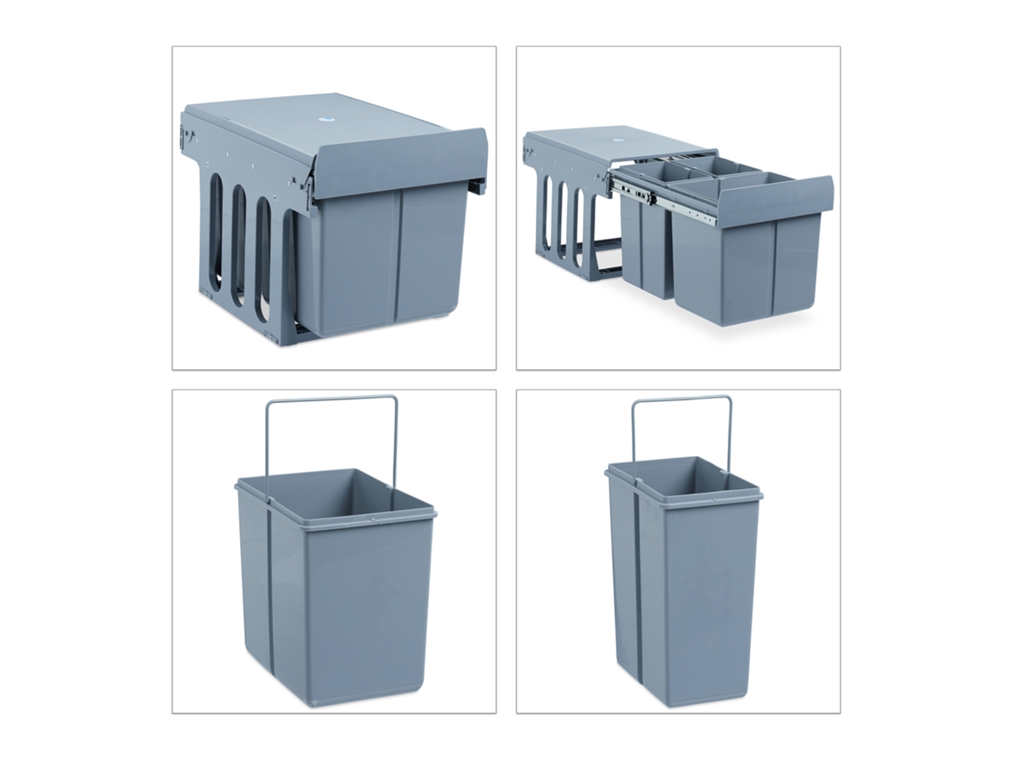 Relaxdays Contenedor De Basura Para Cocina, Cubo Basura 3 Compartimentos, 15 Y 8l, Plástico, 35,1 X 34,3 X 48 Cm, Gris