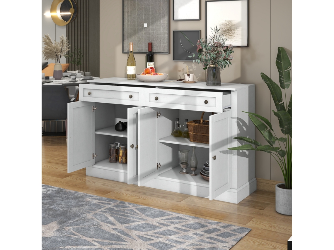 Aparador de 150x40x86 cm, 4 puertas, aglomerado, 2 cajones, aparador moderno blanco antiguo, ideal para comedor y sala de estar.