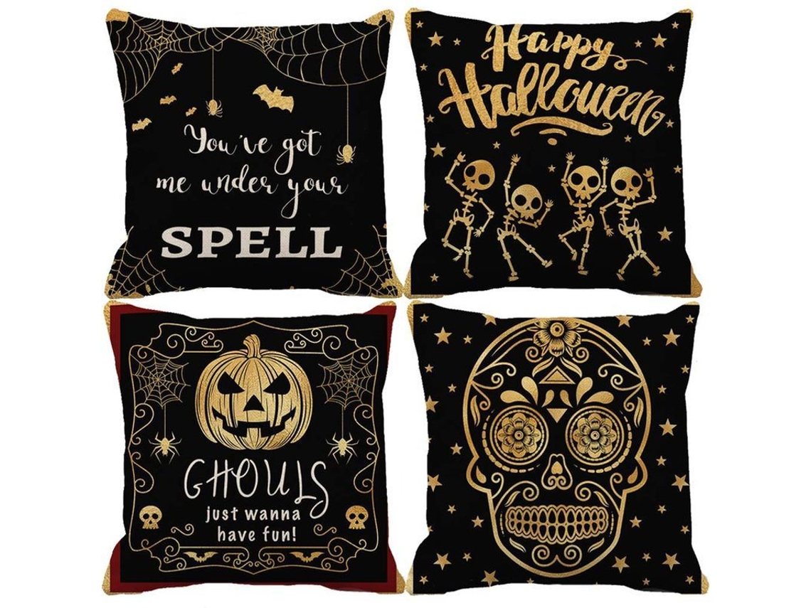 Rebe-4 Fundas Almohada Halloween Estilo Negro Frase Feliz Halloween 45x45cm Estrellas Doradas