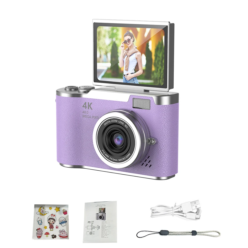 (morado - 8 Gb) Cámara Digital 4k - 48 Mp - Cámara Para Niños - Enfoque Automático - Pantalla De 2,4 Pulgadas - Abatible 180°