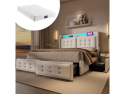 Cama Doble 140x200cm Con Led, Usb-c, 4 Cajones, Base De Madera, Marco Metálico, 300kg, Incluye Colchón, Beige