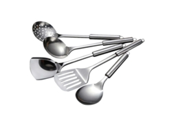 Juego de 5 utensilios de cocina de acero inoxidable resistentes al calor con mangos ergonómicos, en caja de regalo negra.