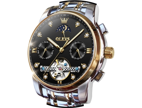VEANXIN Reloj hueco automático para hombre Calendario clásico Reloj de acero inoxidable resistente al agua(oro negro)