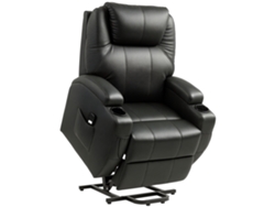 Sillón reclinable eléctrico con elevador, mando a distancia, portavasos y tapizado en cuero negro.