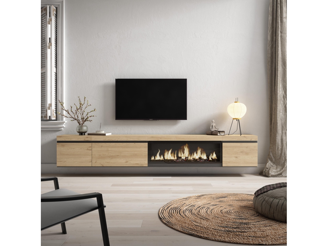 Mueble TV, Televisión, 288x45x35 cm, Para TV gran formato, Chimenea eléctrica XXL, Colgado, Suspendido, Roble SKRAUT HOME