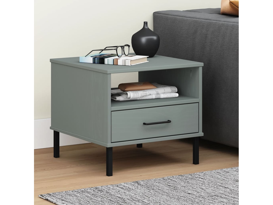Mesa Cabeceira LOVELY HOME Mesinha com Pernas de Metal Pinho Maciço Oslo Cinzento