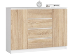 Cómoda Akord K140 Blanco 138 Cm 2 Puertas 4 Cajones Frente En Color Roble Sonoma 4 Estantes 138x40x99 Cm