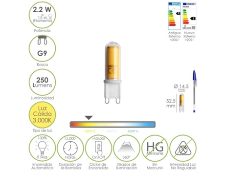 Bombilla led rosca g9. 2.2 watt. equivale a 15 watt. 250 lumenes. luz calida (3000 k.)