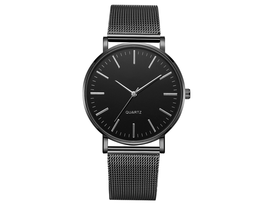 Elegante Reloj De Pulsera Para Hombre Con Movimiento De Cuarzo, Manecillas Plateadas, Caja Negra Y Esfera Negra.