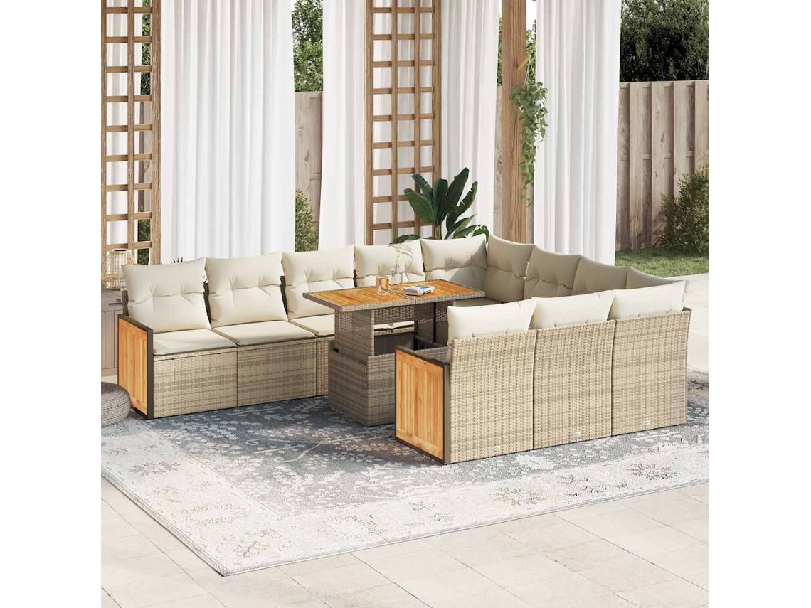 Conjunto de sofá de jardín de 11 piezas con cojines de mimbre de acacia beige de DKD Home Decor