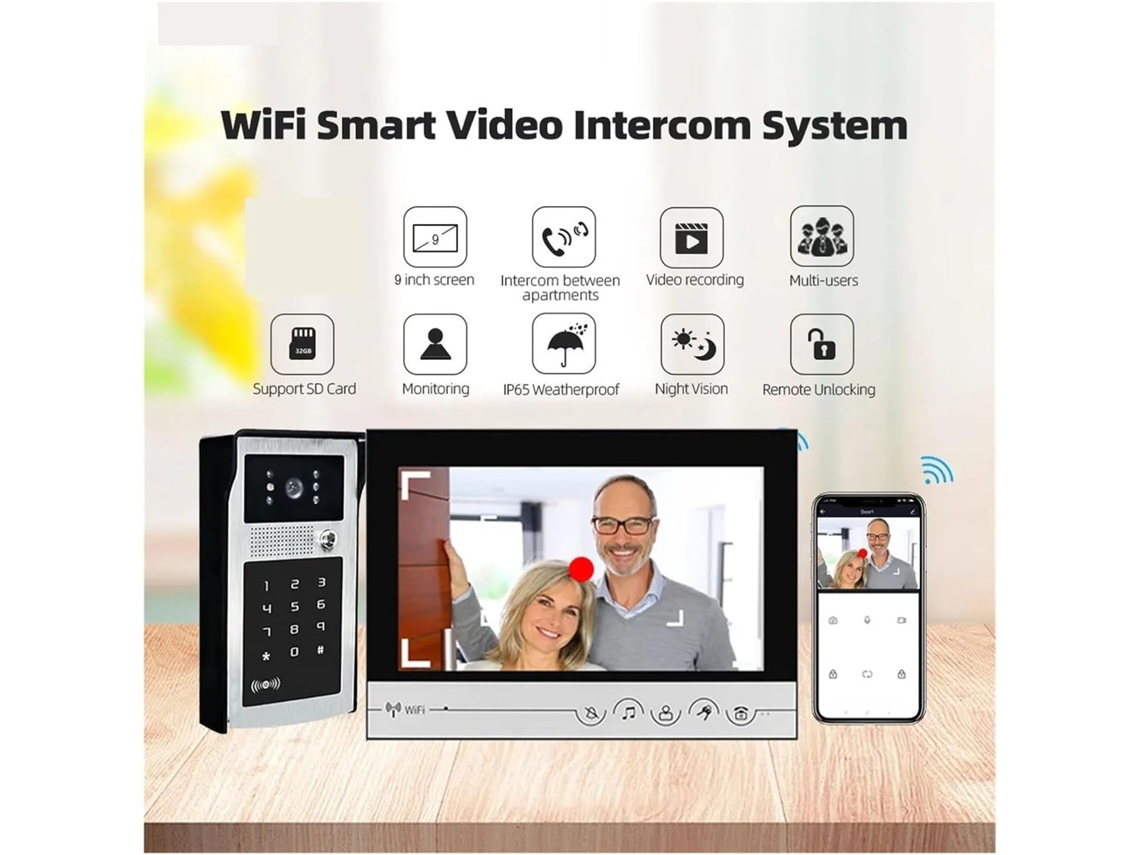 Sonnette Vidéo 4 En 1 9 Pouces Déverrouillage Wi-fi, Interfono