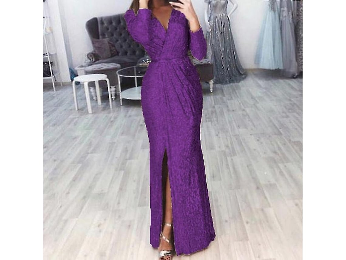 2026-13055-vestido Largo De Secuoyas Con Escote V Profundo Y Entrecortes Manga Larga Para Fiesta De Noche Mujer M Morado