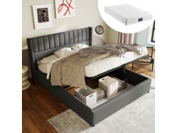 Cama con canapé 160x200cm, estructura de madera, estructura de metal, lino gris, con colchón Mobrio