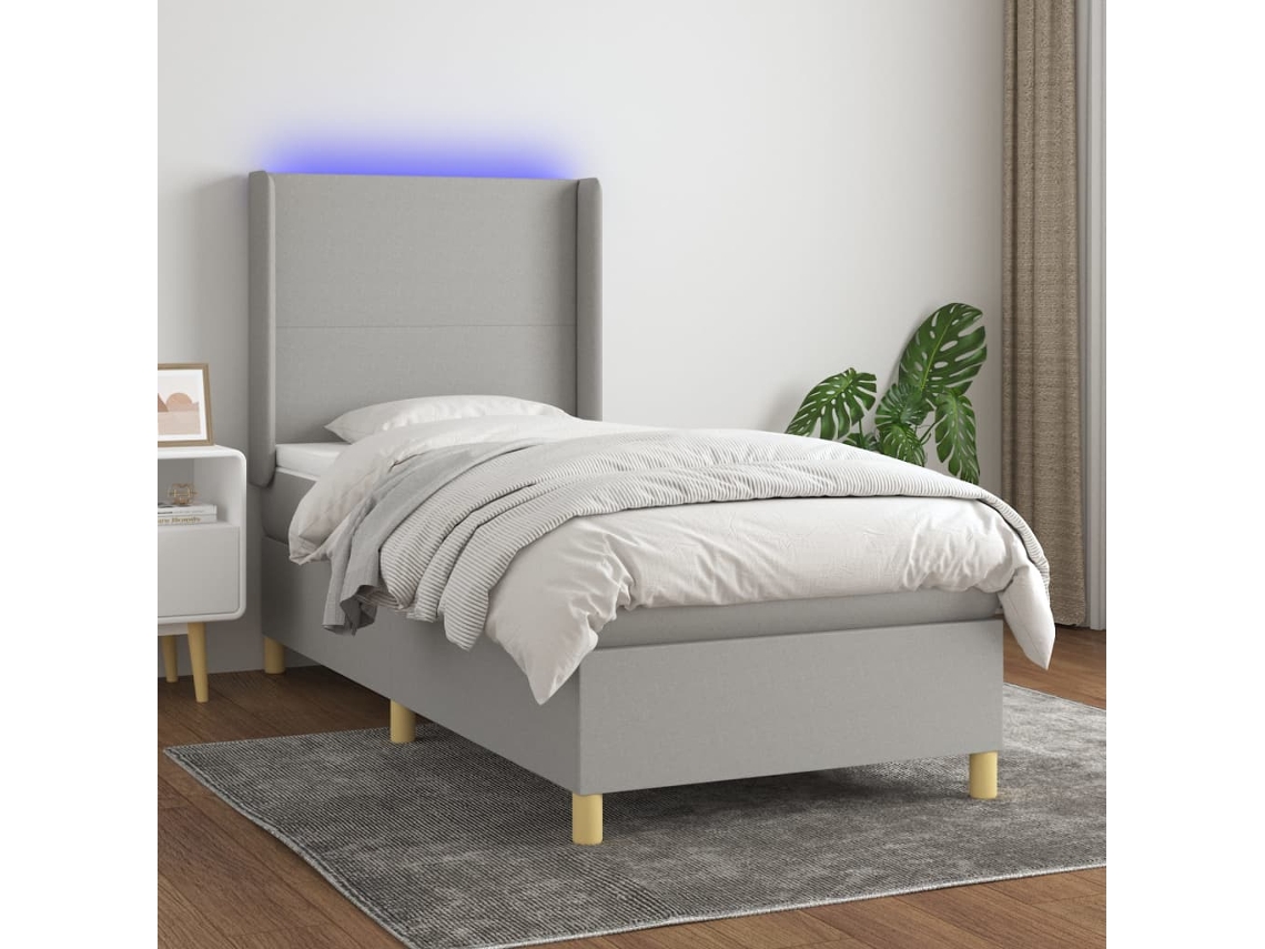 Cama box spring colchón y luces LED tela gris claro 90x200 cm