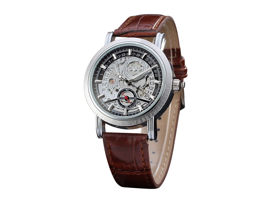 Reloj De Pulsera Mecánico Automático Winner Con Correa De Piel Sintética Negra Y Marrón.