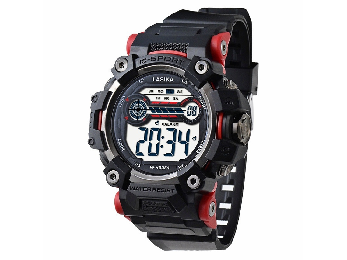 Reloj deportivo electrónico multifuncional y elegante (negro y rojo) con acabado luminoso y diseño resistente al agua para niños.