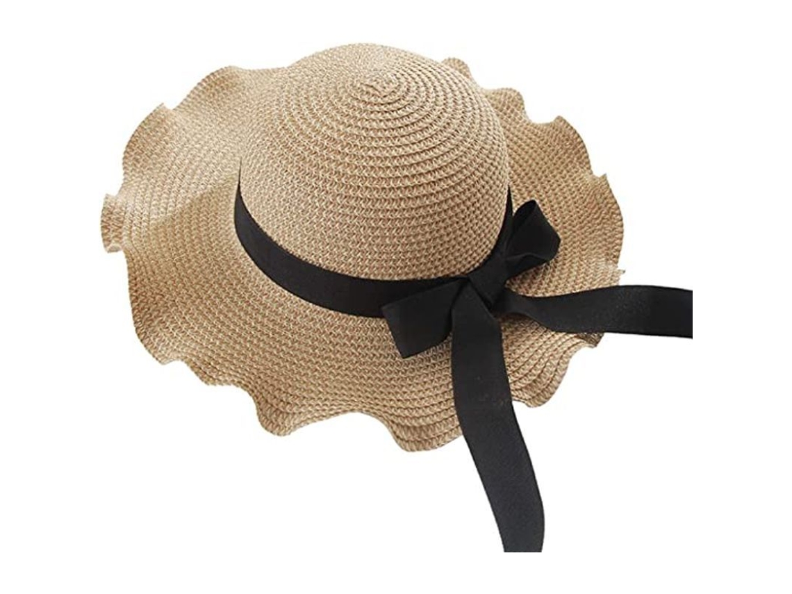 Sombrero De Paja Plegable De Verano Para Mujer Con Protección Uv, Ala Ondulada, Sombrero Elegante Con Lazo, Color Caqui.
