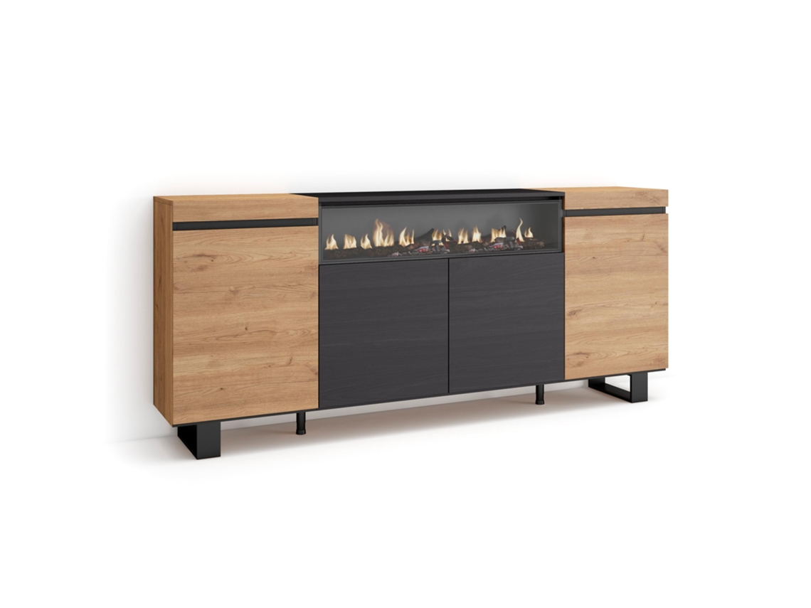 Aparadores para salón, 200x87x35cm, 4 Puertas, Chimenea eléctrica, Diseño industrial, Roble y negro