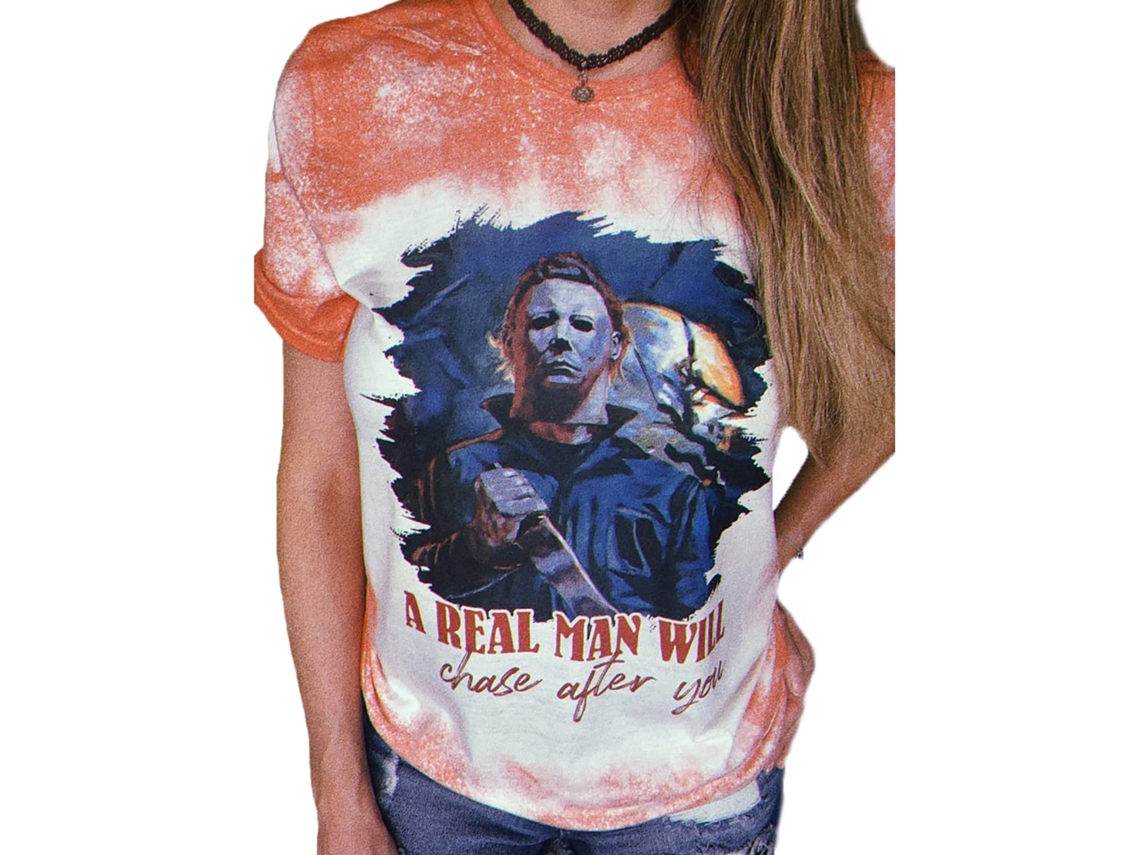 2026altiro-camiseta De Halloween Con Estampado De Películas De Terror Para Mujer, Cuello Redondo, Manga Corta, Moda Casual Naranja Talla L