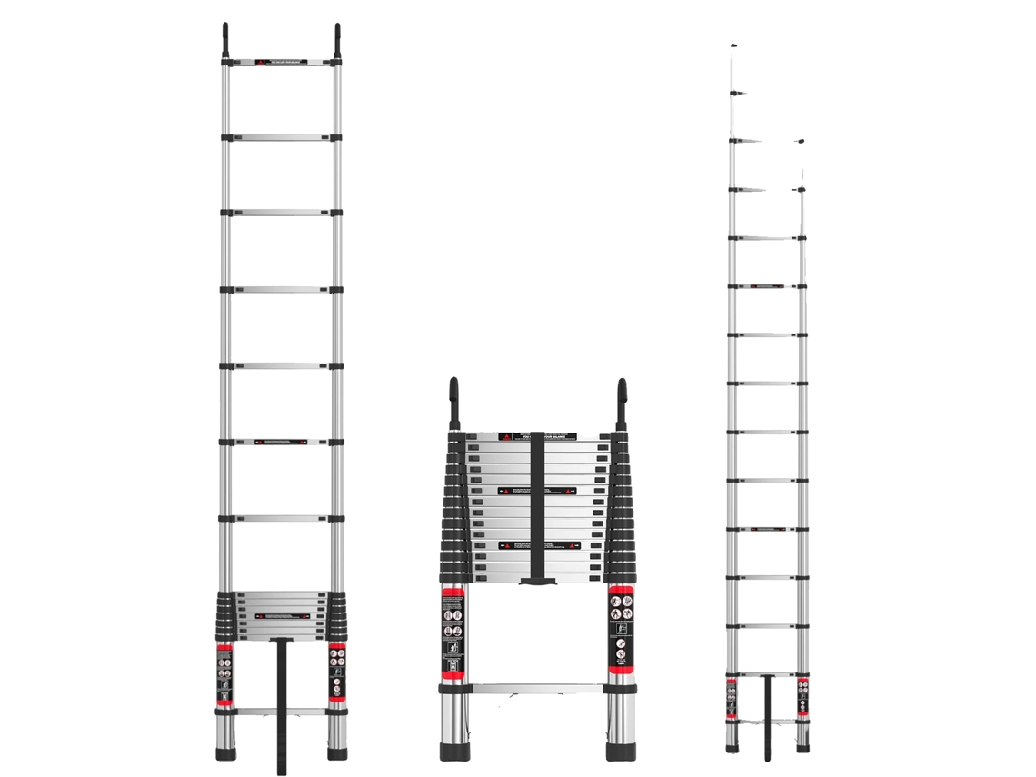 Escalera telescópica, altura regulable, diseño en forma de A, 5 m con ganchos.