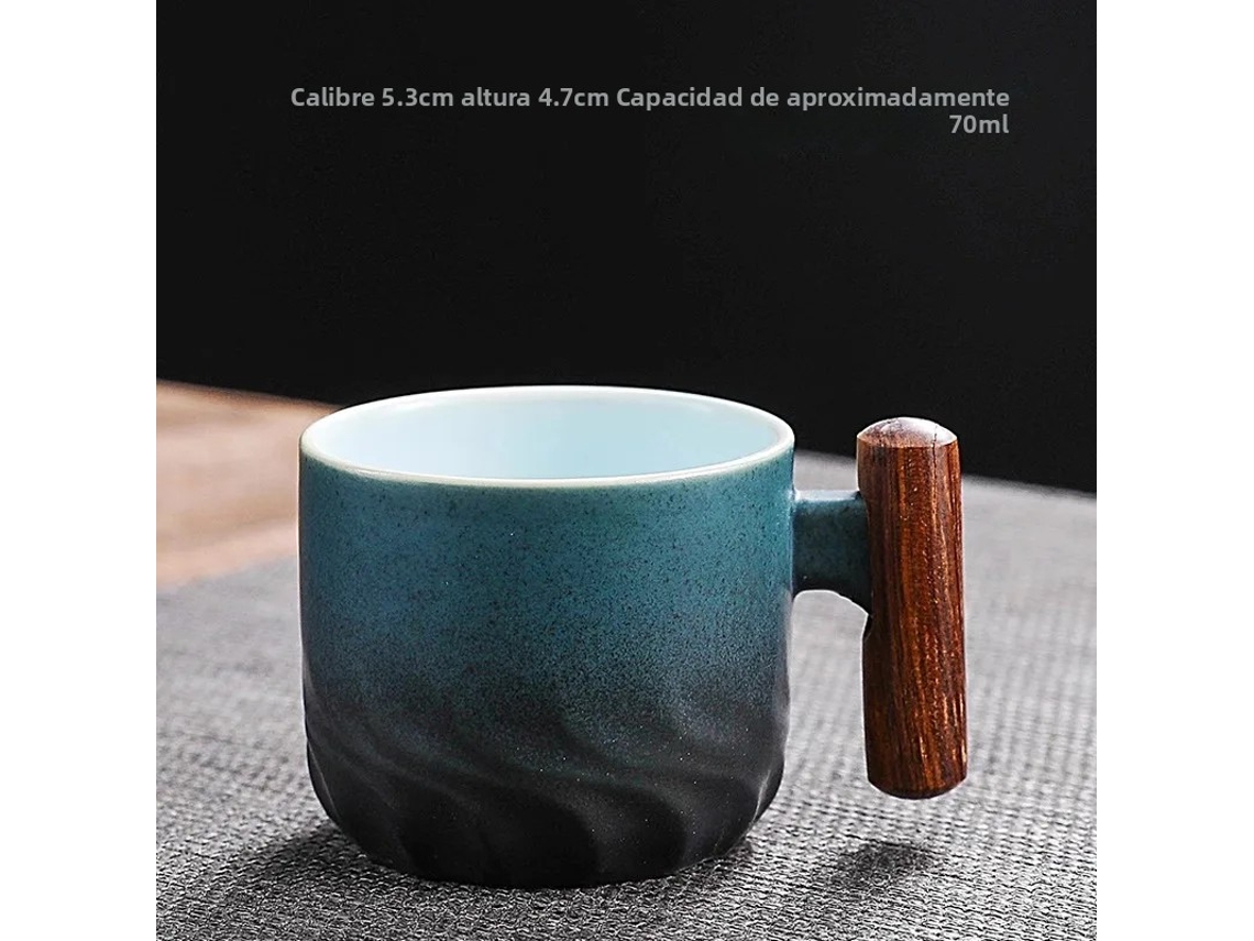 Taza de café vintage hecha a mano con asa de madera, de cerámica resistente a productos químicos. Mdug (azul, 70 ml)