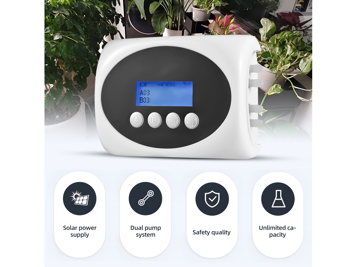 Dispositivo de riego automático solar de 3 W, bomba doble, irrigador temporizado para 15 macetas, pantalla LCD, kits de riego por goteo Al