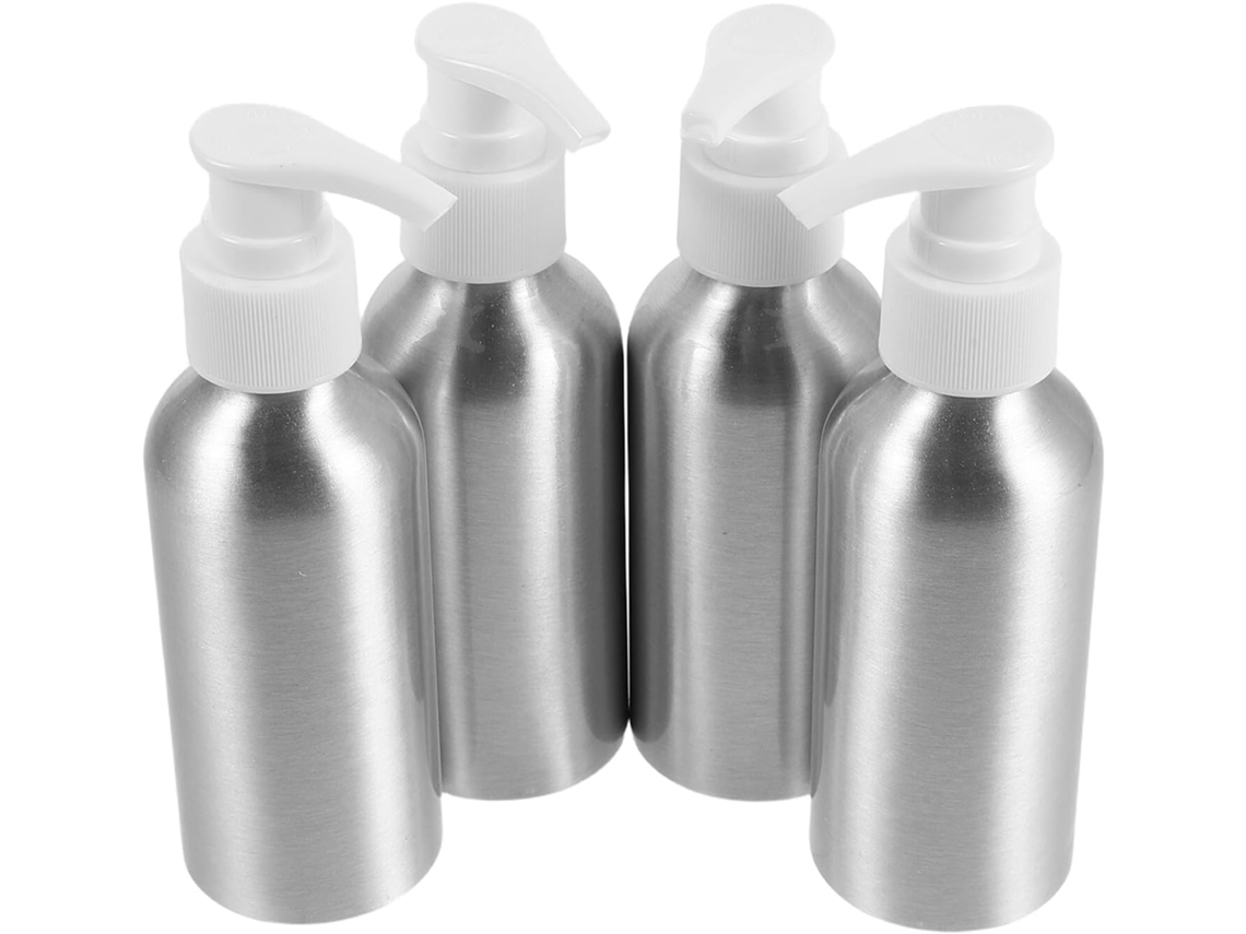4 Pièces Petits Flacons À Pompe En Aluminium Argenté 120ml Con Blanche En Plastique, Distributeu...