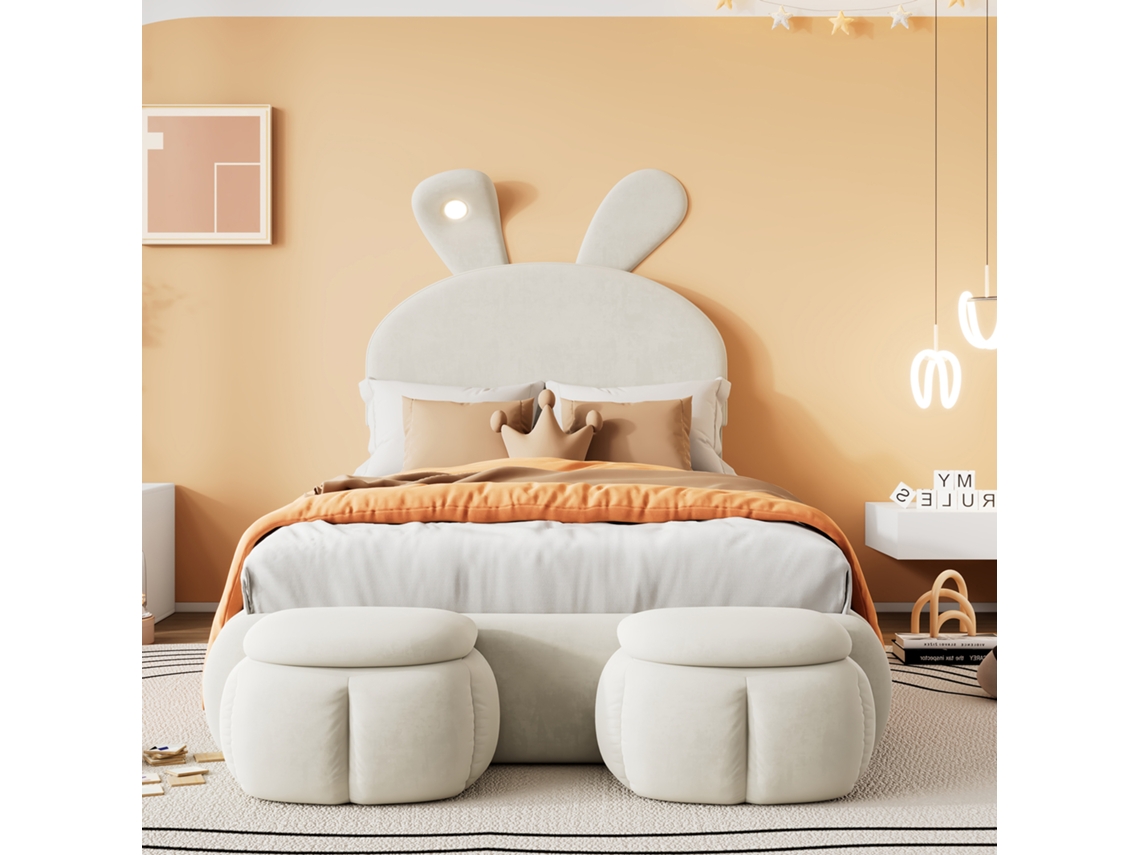 Cama Infantil 90x200 cm Tapizada en Terciopelo - Orejas de Conejo con LED Ajustable - Con 2 Bancos de Almacenamiento - Beige